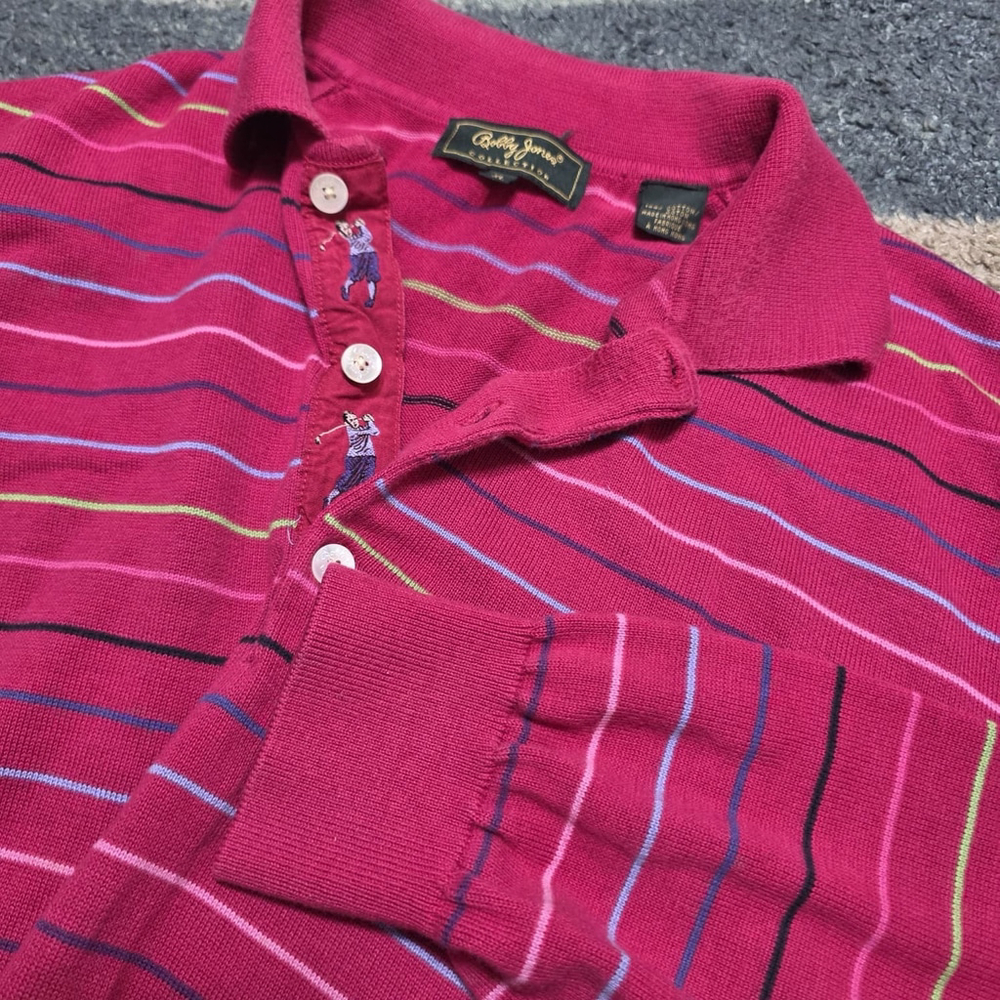 Bobby Jones Collection Striped Pink Knit Long Sleeve Polo Sweater XL Hong Kong
